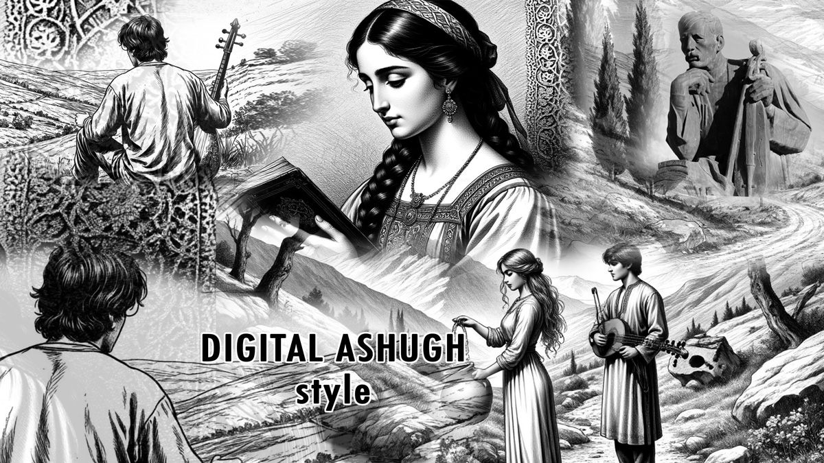 Digital Ashugh style — коллаж: армянские горы, ашуг с сазом, девушка с книгой, сцена у родника, каменный мост